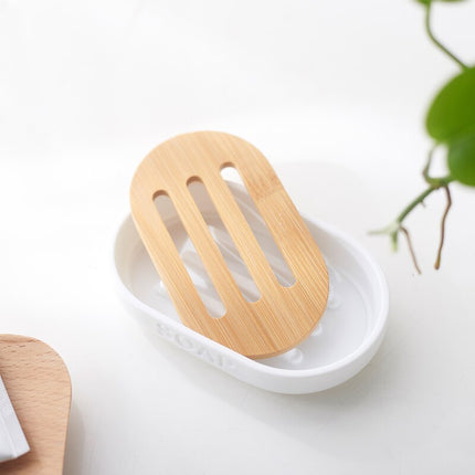 Witte zeephouder met houten inleg