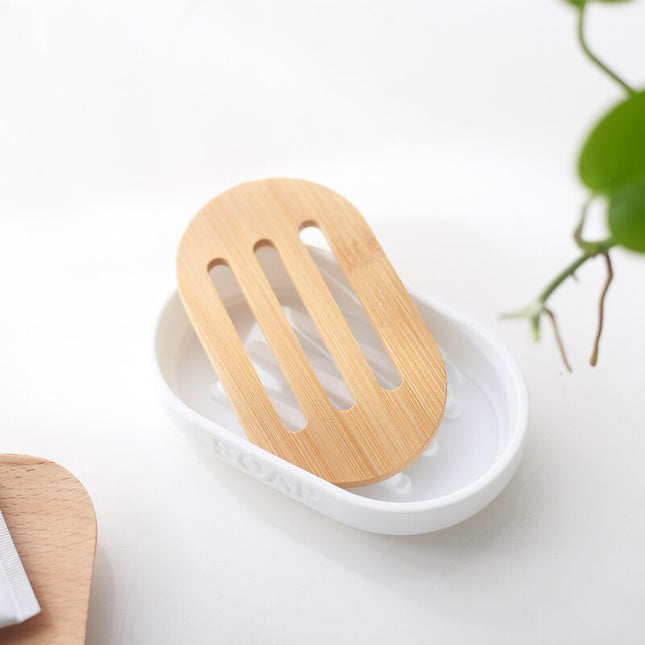 Witte zeephouder met houten inleg