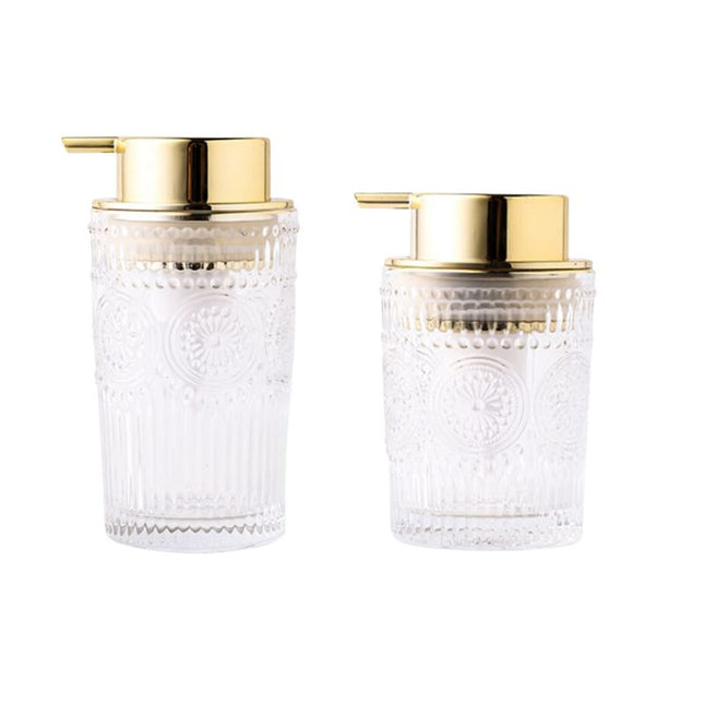 Glazen zeepdispenser met gouden pomp