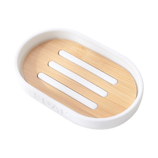 Witte zeephouder met houten inleg