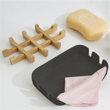 Zwart zeepbakje met bamboe inleg