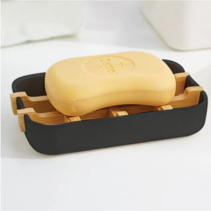 Zwart zeepbakje met bamboe inleg