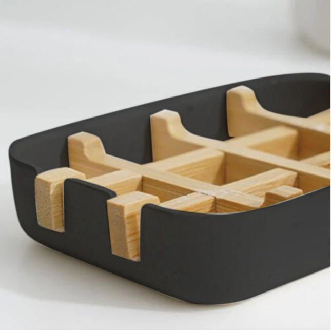 Zwart zeepbakje met bamboe inleg